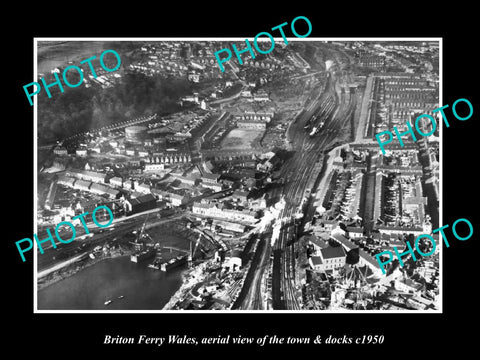 OLD LARGE HISTORIC PHOTO OF BRITON FERRY WALES, VIEW OF THE TOWN & DOCKS c1950 1