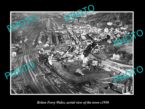 OLD LARGE HISTORIC PHOTO OF BRITON FERRY WALES, AERIAL VIEW OF THE TOWN c1950