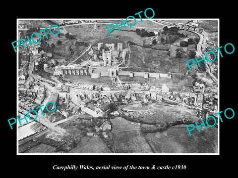 OLD LARGE HISTORIC PHOTO OF CAERPHILLY WALES, VIEW OF THE TOWN & CASTLE c1930