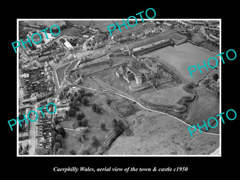 OLD LARGE HISTORIC PHOTO OF CAERPHILLY WALES, VIEW OF THE TOWN & CASTLE c1950 1