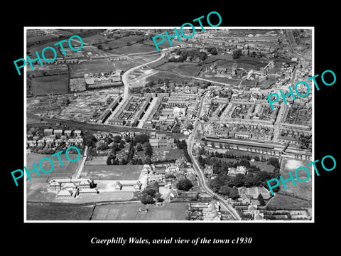 OLD LARGE HISTORIC PHOTO OF CAERPHILLY WALES, AERIAL VIEW OF THE TOWN c1930 1