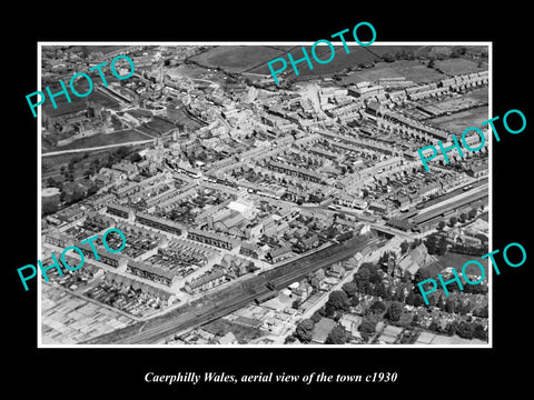 OLD LARGE HISTORIC PHOTO OF CAERPHILLY WALES, AERIAL VIEW OF THE TOWN c1930 2