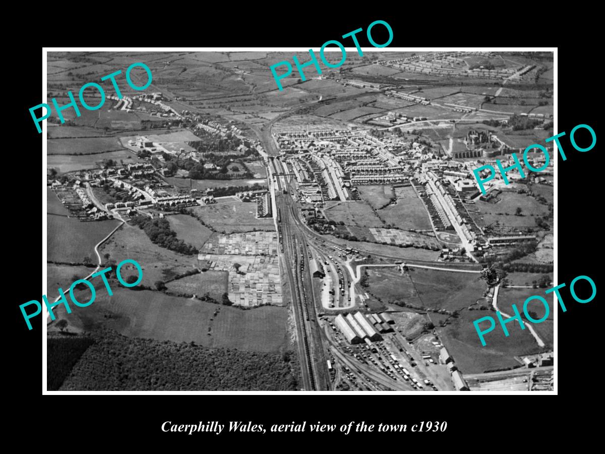 OLD LARGE HISTORIC PHOTO OF CAERPHILLY WALES, AERIAL VIEW OF THE TOWN c1930 3