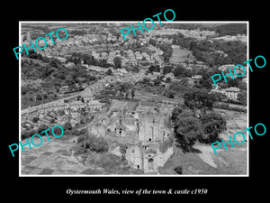 OLD LARGE HISTORIC PHOTO OF OYSTERMOUTH WALES, AERIAL VIEW OF TOWN & CASTLE 1950