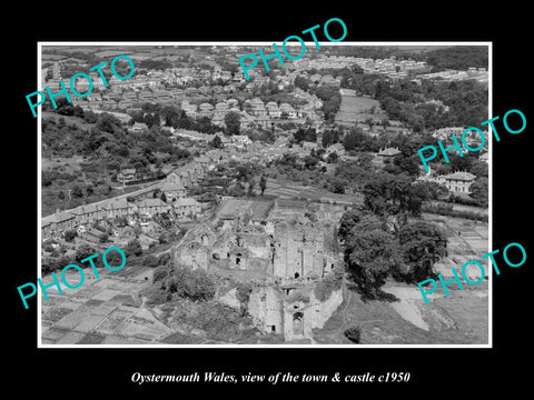 OLD LARGE HISTORIC PHOTO OF OYSTERMOUTH WALES, AERIAL VIEW OF TOWN & CASTLE 1950