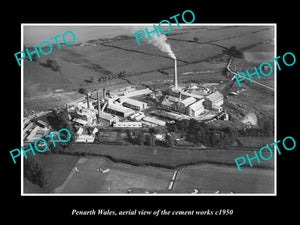 OLD LARGE HISTORIC PHOTO OF PENARTH WALES, AERIAL VIEW OF THE CEMENT WORKS c1950