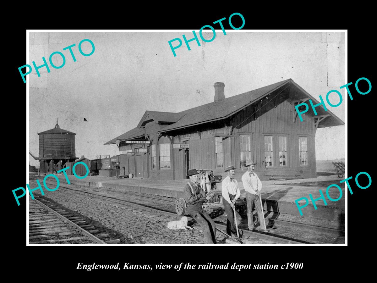 OLD LARGE HISTORIC PHOTO OF ENGLEWOOD KANSAS, THE RAILROAD DEPOT STATION c1900