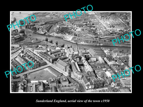 OLD LARGE HISTORIC PHOTO OF SUNDERLAND ENGLAND, AERIAL VIEW OF THE TOWN c1950 3