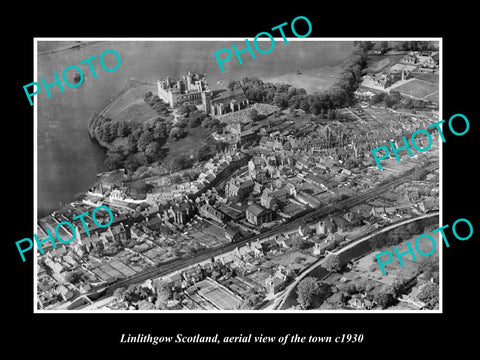 OLD LARGE HISTORIC PHOTO OF LINLITHGOW SCOTLAND, AERIAL VIEW OF THE TOWN c1930 1