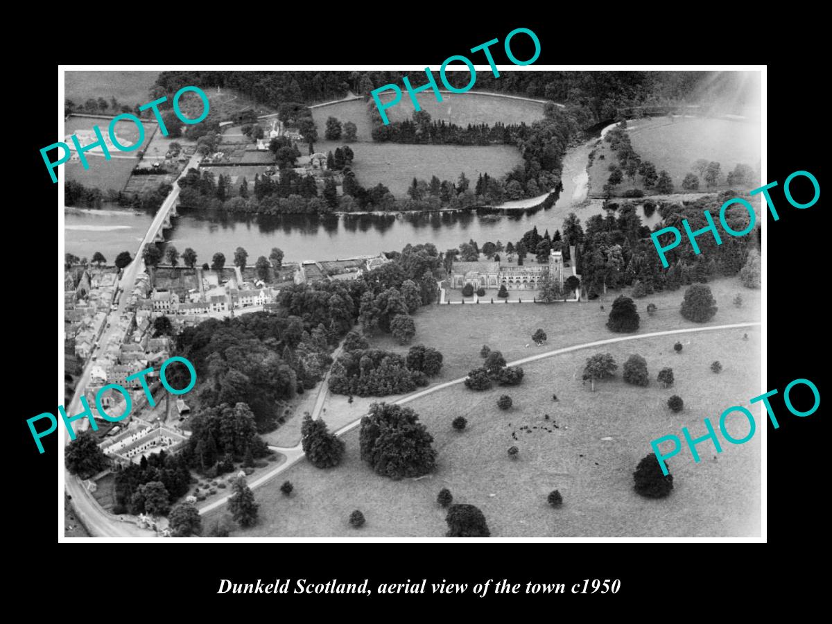 OLD LARGE HISTORIC PHOTO OF DUNKELD SCOTLAND, AERIAL VIEW OF THE TOWN c1950