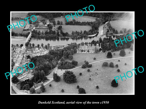 OLD LARGE HISTORIC PHOTO OF DUNKELD SCOTLAND, AERIAL VIEW OF THE TOWN c1950