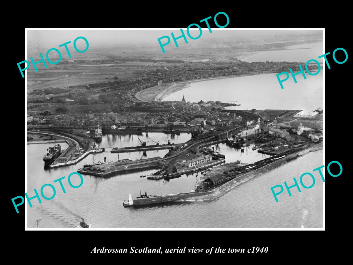 OLD LARGE HISTORIC PHOTO OF ARDROSSAN SCOTLAND, AERIAL VIEW OF THE TOWN c1940