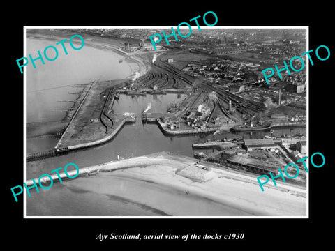 OLD LARGE HISTORIC PHOTO OF AYR SCOTLAND, AERIAL VIEW OF THE DOCKS c1930