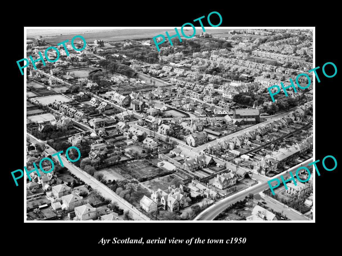 OLD LARGE HISTORIC PHOTO OF AYR SCOTLAND, AERIAL VIEW OF THE TOWN c1950 1