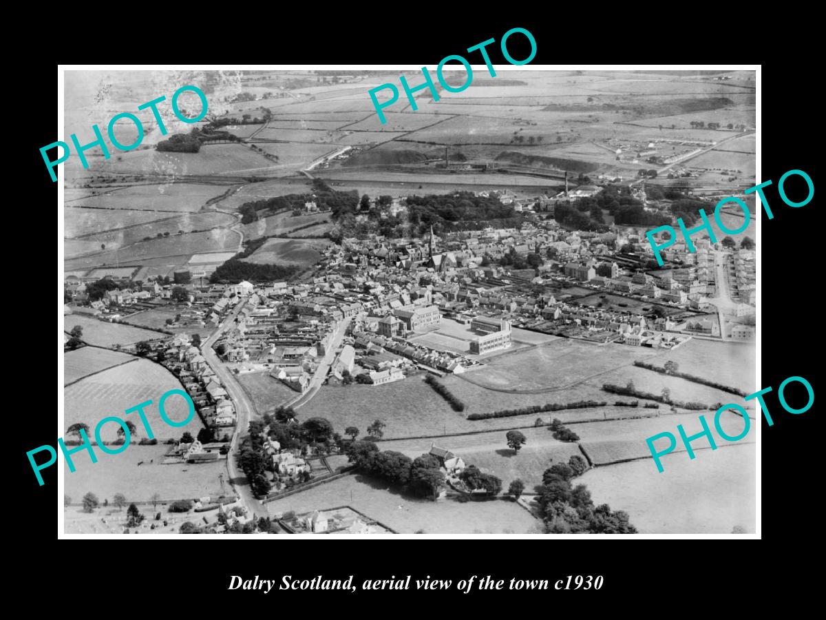 OLD LARGE HISTORIC PHOTO OF DALRY SCOTLAND, AERIAL VIEW OF THE TOWN c1930