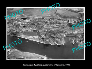 OLD LARGE HISTORIC PHOTO OF DUMBARTON SCOTLAND, AERIAL VIEW OF THE TOWN c1930