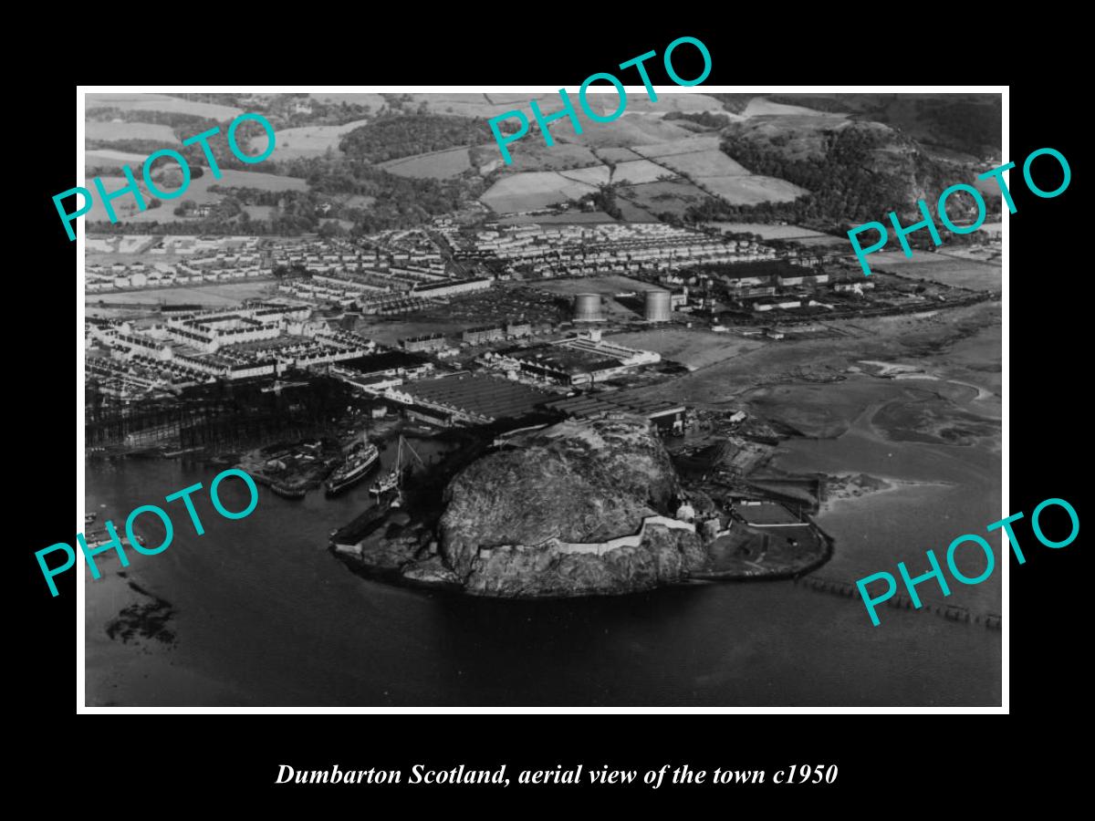 OLD LARGE HISTORIC PHOTO OF DUMBARTON SCOTLAND, AERIAL VIEW OF THE TOWN c1950