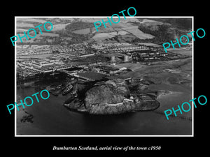 OLD LARGE HISTORIC PHOTO OF DUMBARTON SCOTLAND, AERIAL VIEW OF THE TOWN c1950