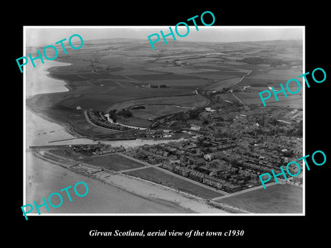 OLD LARGE HISTORIC PHOTO OF GIRVAN SCOTLAND, AERIAL VIEW OF THE TOWN c1930 1