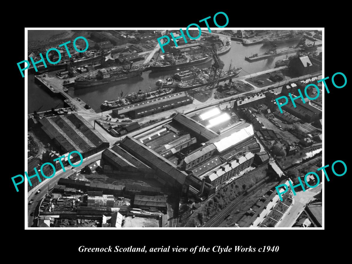 OLD LARGE HISTORIC PHOTO OF GREENOCK SCOTLAND, AERIAL VIEW OF CLYDE WORKS c1940