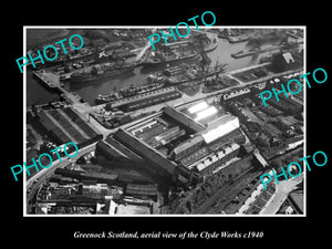 OLD LARGE HISTORIC PHOTO OF GREENOCK SCOTLAND, AERIAL VIEW OF CLYDE WORKS c1940