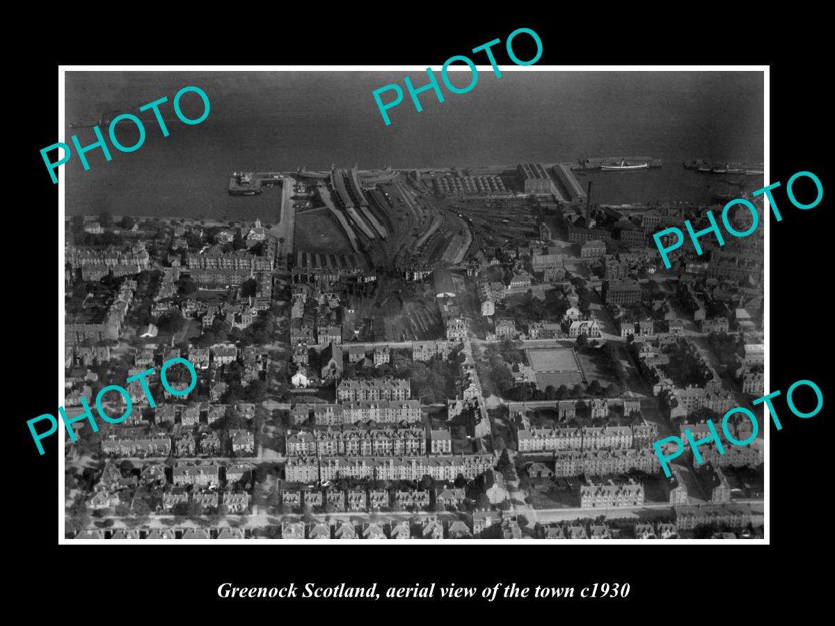 OLD LARGE HISTORIC PHOTO OF GREENOCK SCOTLAND, AERIAL VIEW OF THE TOWN c1930