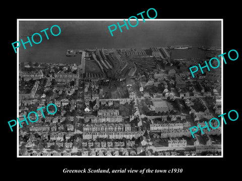 OLD LARGE HISTORIC PHOTO OF GREENOCK SCOTLAND, AERIAL VIEW OF THE TOWN c1930