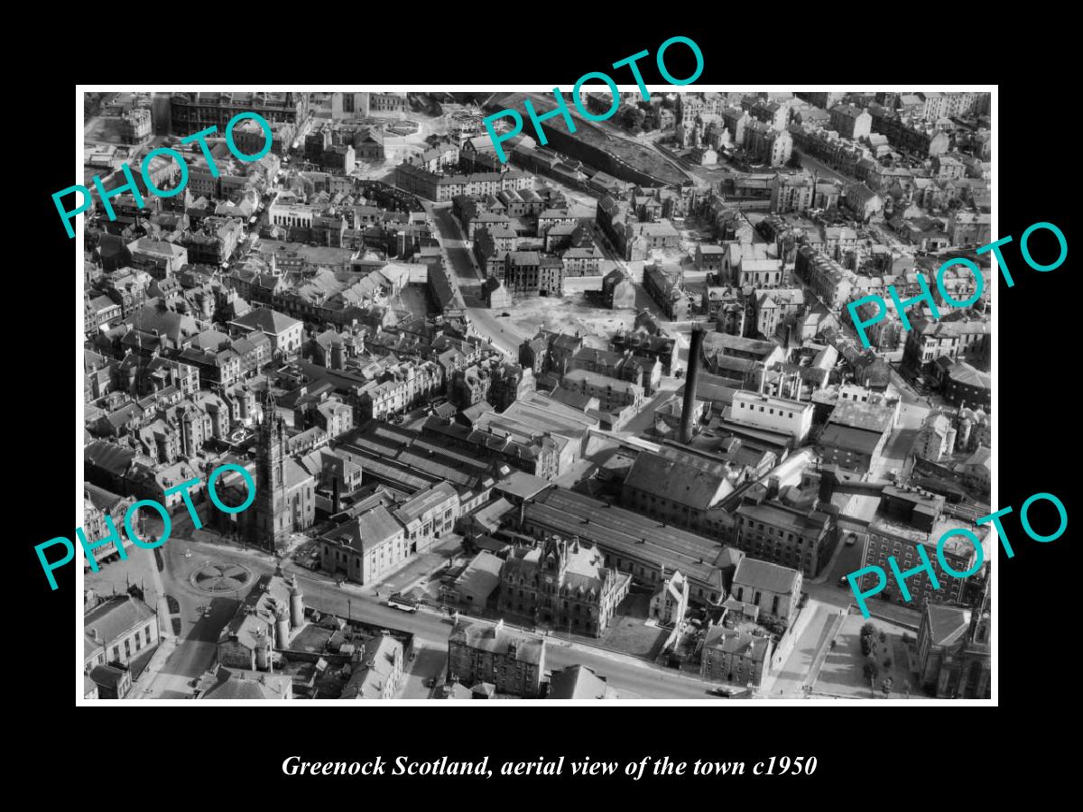 OLD LARGE HISTORIC PHOTO OF GREENOCK SCOTLAND, AERIAL VIEW OF THE TOWN c1950 1