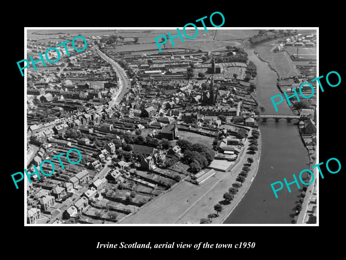 OLD LARGE HISTORIC PHOTO OF IRVINE SCOTLAND, AERIAL VIEW OF THE TOWN c1950