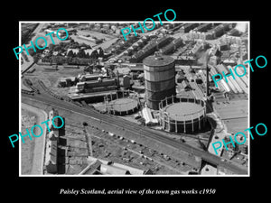 OLD LARGE HISTORIC PHOTO OF PAISLEY SCOTLAND, AERIAL VIEW OF GAS WORKS c1950