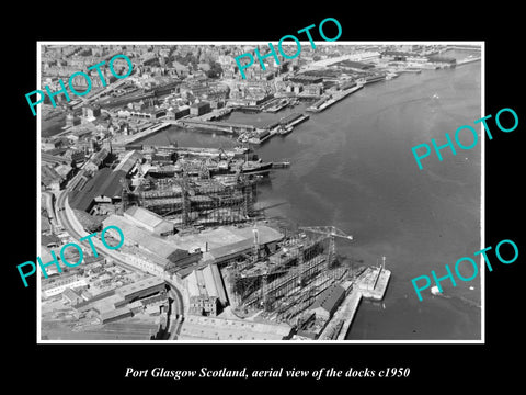 OLD LARGE HISTORIC PHOTO OF PORT GLASGOW SCOTLAND, AERIAL VIEW OF DOCKS c1950