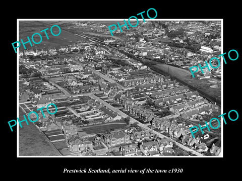 OLD LARGE HISTORIC PHOTO OF PRESTWICK SCOTLAND, AERIAL VIEW OF THE TOWN c1930