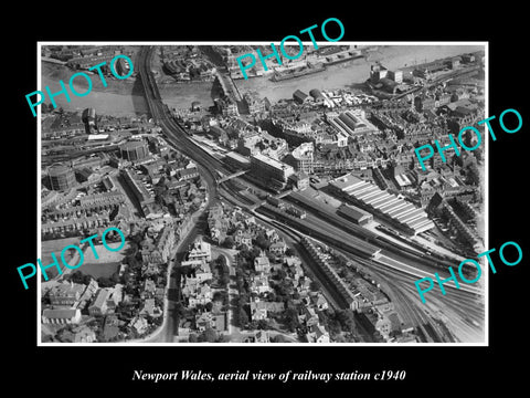 OLD LARGE HISTORIC PHOTO OF NEWPORT WALES, AERIAL VIEW OF RAILWAY STATION c1940