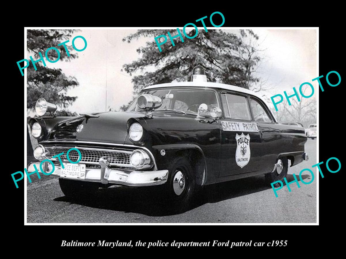 OLD LARGE HISTORIC PHOTO OF BALTIMORE MARYLAND, THE POLICE FORD PATROL CAR c1955