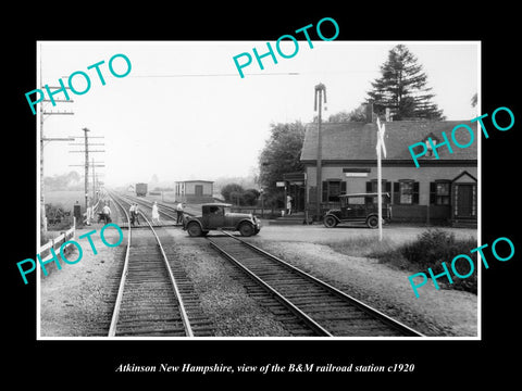 OLD LARGE HISTORIC PHOTO OF ATKINSON NEW HAMPSHIRE, THE B&M RAILROAD DEPOT c1920