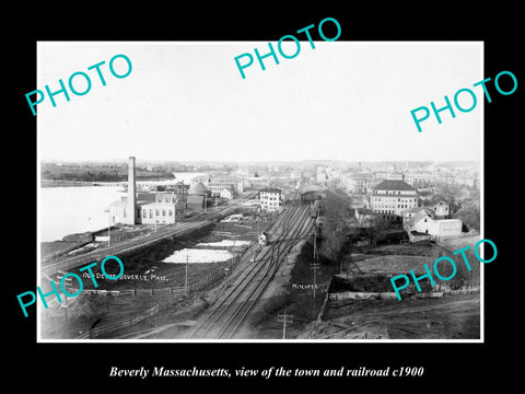 OLD LARGE HISTORIC PHOTO OF BEVERLY MASSACHUSETTS, THE TOWN & RAILROAD c1900