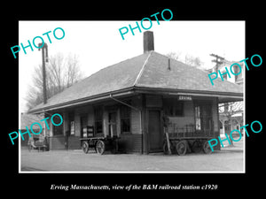 OLD LARGE HISTORIC PHOTO OF ERVING MASSACHUSETTS B&M RAILROAD DEPOT c1920