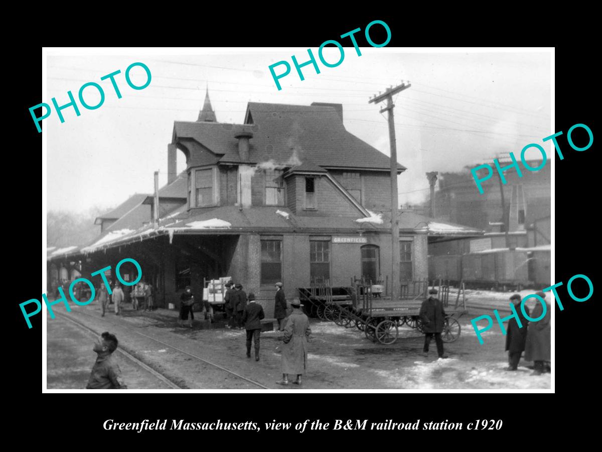 OLD LARGE HISTORIC PHOTO OF GREENFIELD MASSACHUSETTS B&M RAILROAD DEPOT c1920