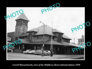 OLD LARGE HISTORIC PHOTO OF LOWELL MASSACHUSETTS, THE B&M RAILROAD DEPOT c1950