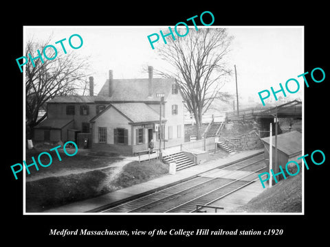 OLD LARGE HISTORIC PHOTO OF MEDFORD MASSACHUSETTS, THE C/H RAILROAD DEPOT c1920