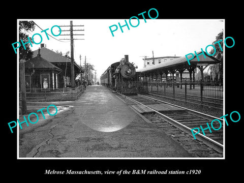 OLD LARGE HISTORIC PHOTO OF MELROSE MASSACHUSETTS, THE B&M RAILROAD DEPOT c1920