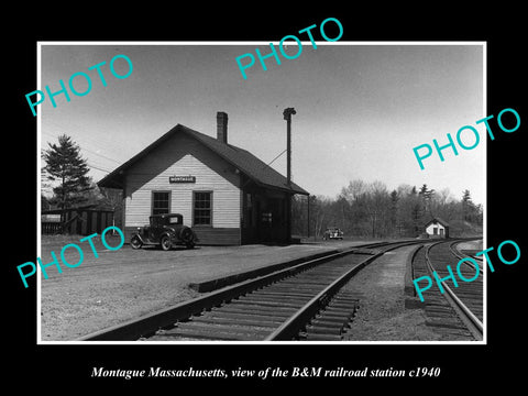 OLD LARGE HISTORIC PHOTO OF MONTAGUE MASSACHUSETTS, THE B&M RAILROAD DEPOT c1940