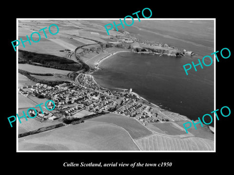 OLD LARGE HISTORIC PHOTO OF CULLEN SCOTLAND, AERIAL VIEW OF TOWN c1950