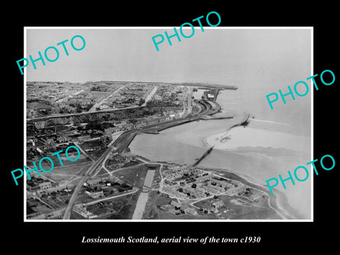 OLD LARGE HISTORIC PHOTO OF LOSSIEMOUTH SCOTLAND, AERIAL VIEW OF TOWN c1930 4