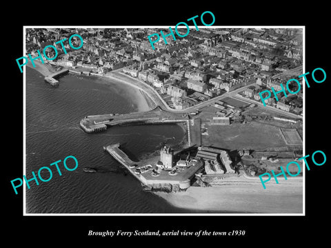 OLD LARGE HISTORIC PHOTO OF BROUGHTY FERRY SCOTLAND, AERIAL VIEW OF TOWN c1930