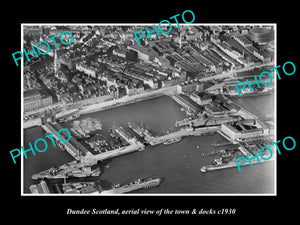 OLD LARGE HISTORIC PHOTO OF DUNDEE SCOTLAND, AERIAL VIEW OF TOWN & DOCKS c1930 1