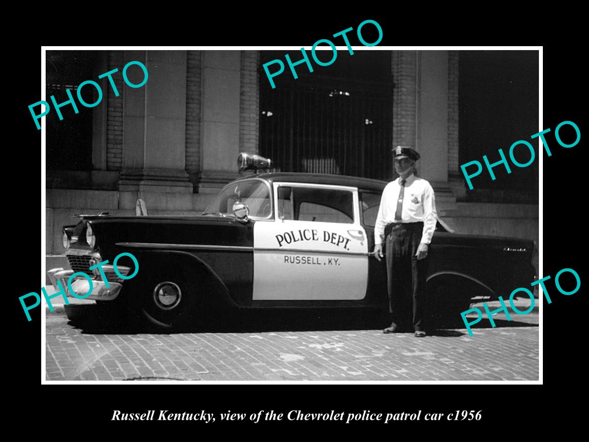 OLD LARGE HISTORIC PHOTO OF RUSSELL KENTUCKY, POLICE CHEVROLET PATROL CAR 1956