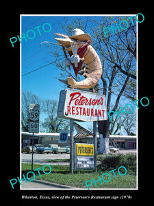 OLD LARGE HISTORIC PHOTO OF WHARTON TEXAS, THE PETERSENS RESTURANT SIGN c1970