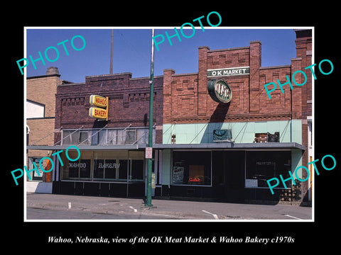 OLD LARGE HISTORIC PHOTO OF WAHOO NEBRASKA, THE MEAT MARKET & BAKERY c1970