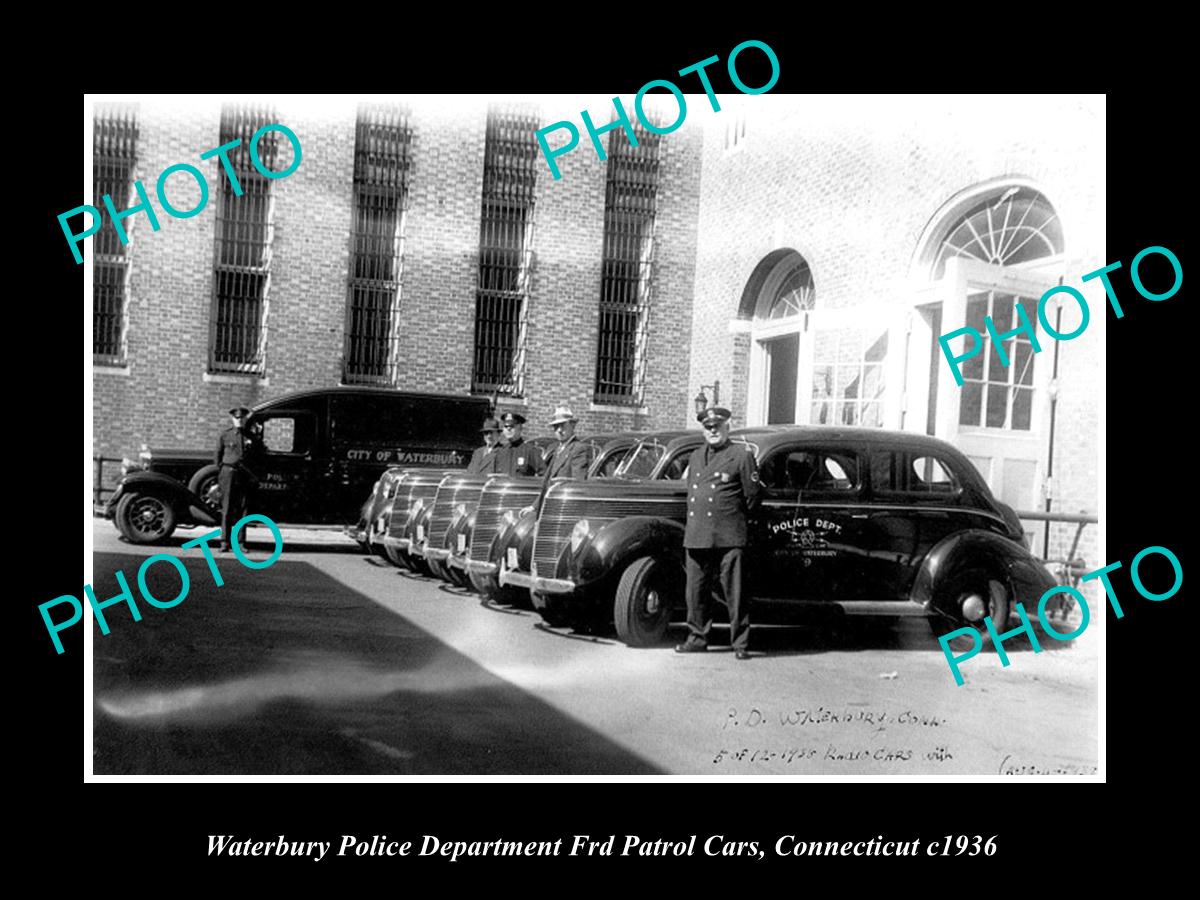 OLD LARGE HISTORIC PHOTO OF WATERBURY CONNECTICUT, THE POLICE PATROL CARS c1936